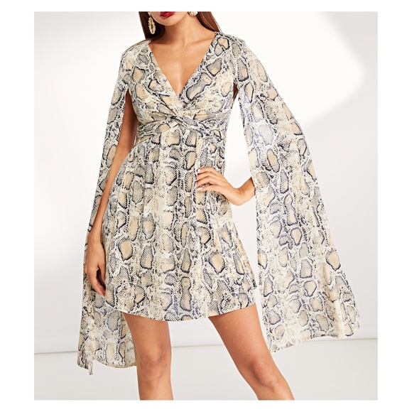 White Beige Snake Print V Neck Sheer Sleeve Dress - Picture 2 of 5